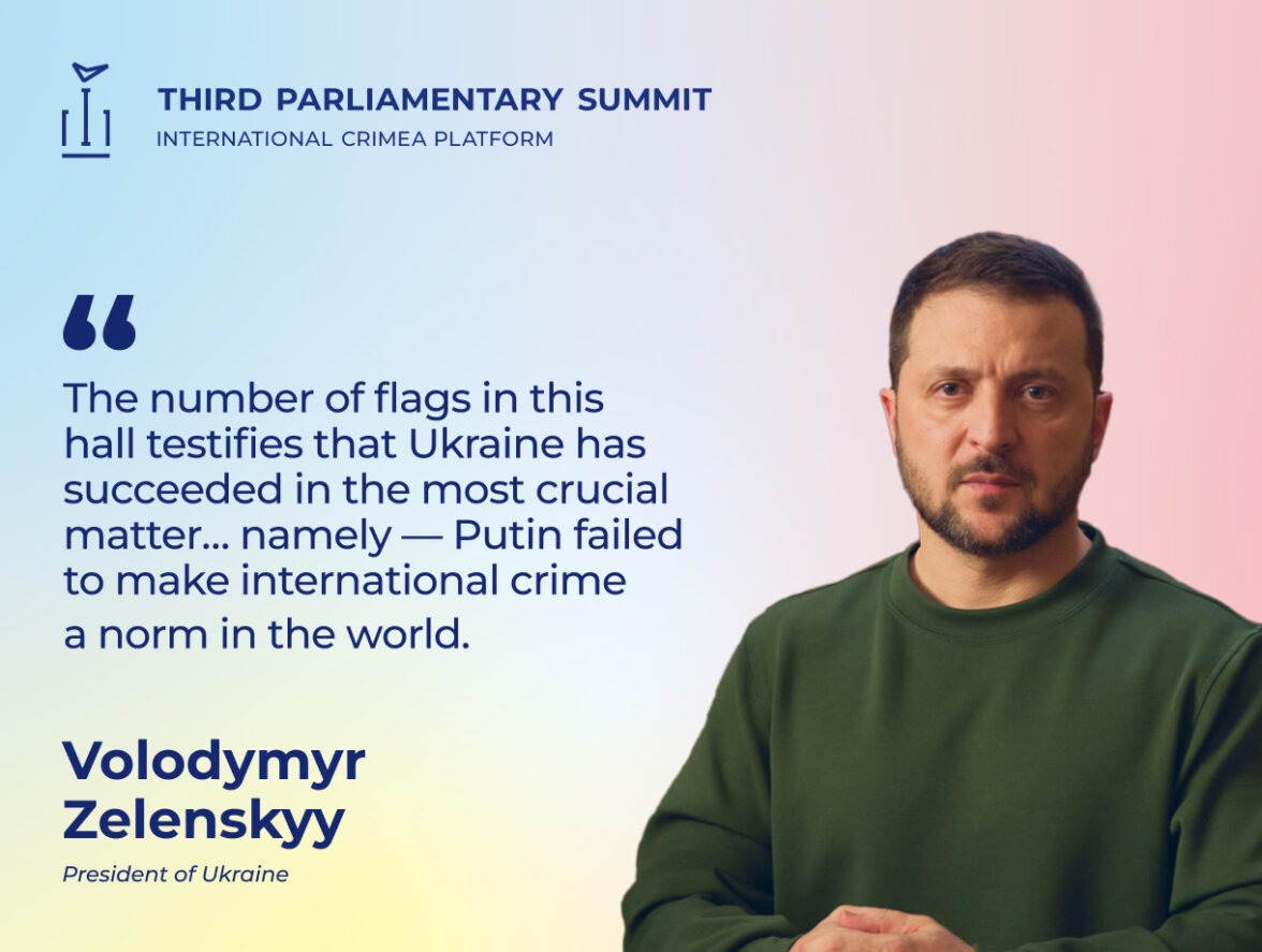 “The number of flags in this hall testifies that Ukraine has succeeded in the most crucial matter… namely — Putin failed to make international crime a norm in the world,” said President of Ukraine Volodymyr Zelenskyy.