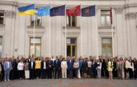 A ceremonial raising of the Crimean Tatar flag was held near the Ministry of Foreign Affairs of Ukraine