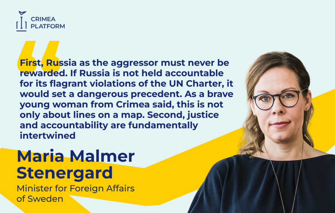 Minister for Foreign Affairs of Sweden Maria Malmer Stenergard called for full accountability for Russia’s violations of international law.